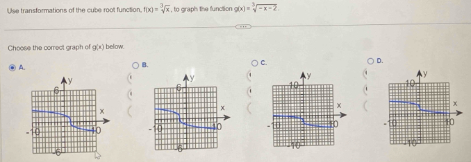 Use transformations of the cube root function, f(x)=sqrt[3](x) , to graph the function g(x)=sqrt[3](-x-2). 
Choose the correct graph of g(x) below. 
A. 
B. 
C. 
D.