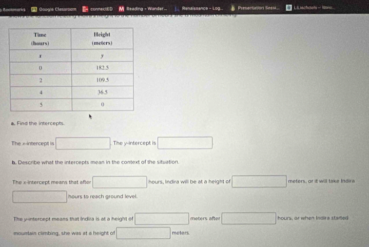 Bookmarks Googie Classroam connectED M Reading - Wonder Renaissance - Log.. Presentation Sesai.. LiLischdoly - Wało
ating thaird 5 neight to the naiiber of hours she is moantain Clmbing 
a. Find the intercepts.
The x-intercept is □ The y-intercept is □
b. Describe what the intercepts mean in the context of the situation.
The x-intercept means that after □ hours, Indira will be at a height of □ meters, or it will take Indira
□ hours to reach ground level.
The y-intercept means that Indira is at a height of □ meters after □ hours, or when Indira started
mountain climbing, she was at a height of □ meters