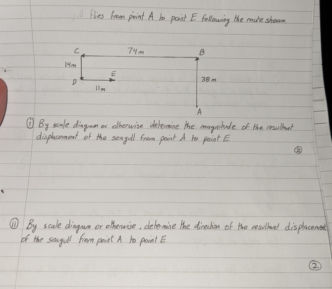 flies from point A to point E following the rure shocn. 
⑦By scale diagram or otherwise determine the magnilude of the resolboar 
displacement of the seagull from point A to point E
③ 
⑩By scale diagram or otherwise, determine the direction of the resullant displacement 
of the seagull from point A to point E
②