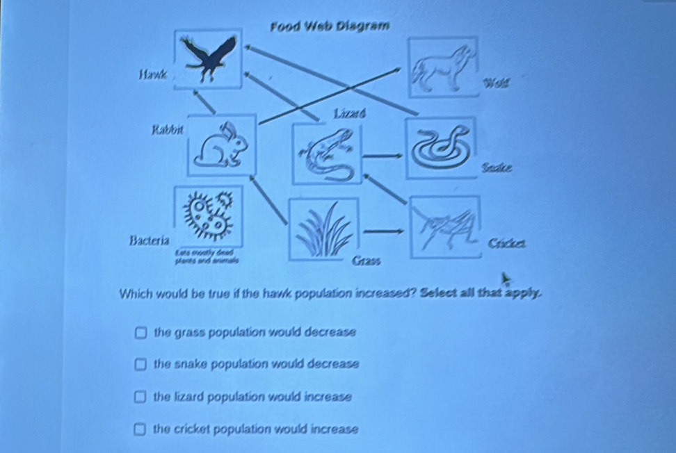 Which would be true if the hawk population increased? Select all that apply.
the grass population would decrease
the snake population would decrease
the lizard population would increase
the cricket population would increase