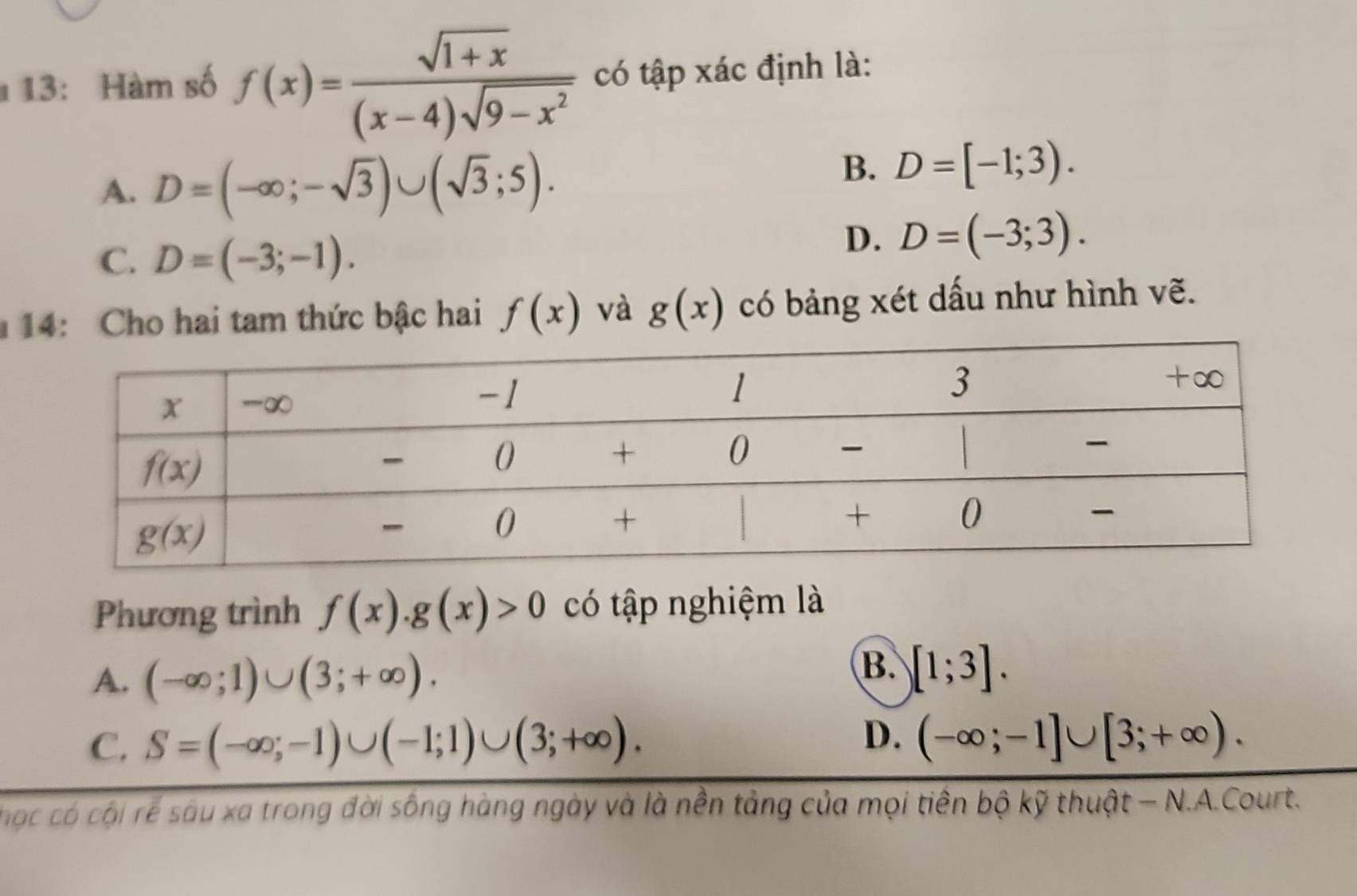 13: Hàm số f(x)= (sqrt(1+x))/(x-4)sqrt(9-x^2)  có tập xác định là:
A. D=(-∈fty ;-sqrt(3))∪ (sqrt(3);5).
B. D=[-1;3).
C. D=(-3;-1).
D. D=(-3;3).
14: Cho hai tam thức bậc hai f(x) và g(x) có bảng xét dấu như hình vẽ.
Phương trình f(x).g(x)>0 có tập nghiệm là
A. (-∈fty ;1)∪ (3;+∈fty ).
B. [1;3].
D.
C. S=(-∈fty ;-1)∪ (-1;1)∪ (3;+∈fty ). (-∈fty ;-1]∪ [3;+∈fty ).
hộc có cội rể sau xa trong đời sống hàng ngày và là nền tảng của mọi tiền bộ kỹ thuật - N.A.Court.