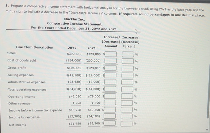 Solved: Prepare a comparative income statement with horizontal analysis ...