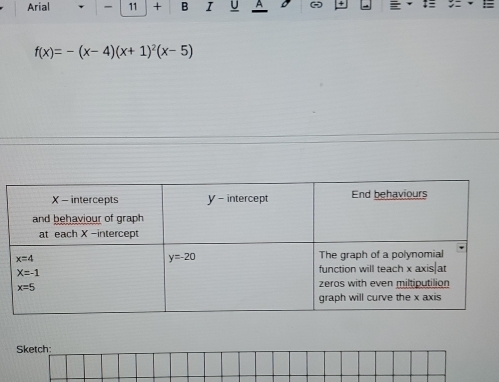 Arial - 11 + B I U A - +
f(x)=-(x-4)(x+1)^2(x-5)
Sketch: