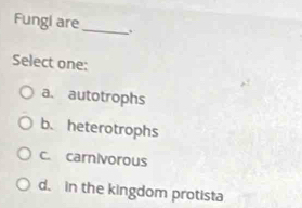 Fungl are_ .
Select one:
a. autotrophs
b. heterotrophs
c. carnivorous
d. in the kingdom protista