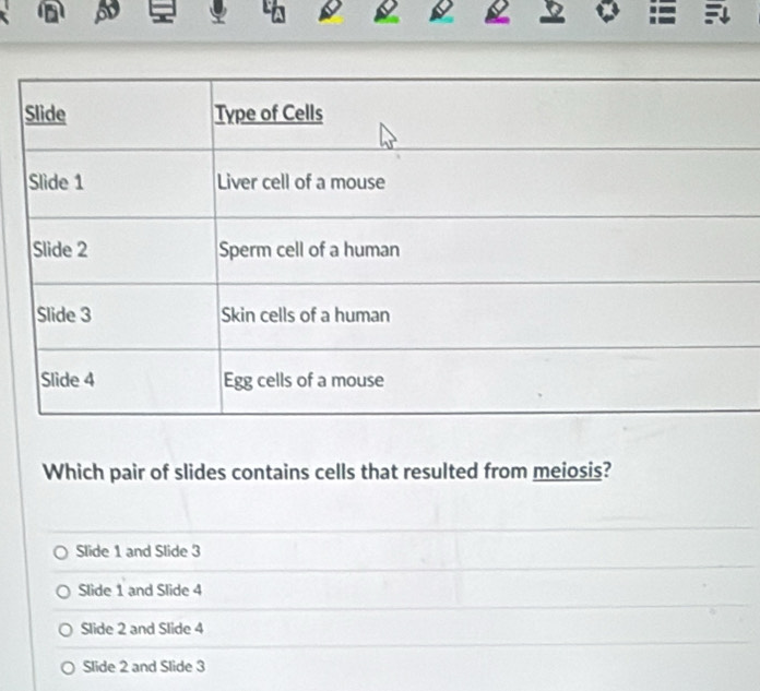 Which pair of slides contains cells that resulted from meiosis?
Slide 1 and Slide 3
Slide 1 and Slide 4
Slide 2 and Slide 4
Slide 2 and Slide 3