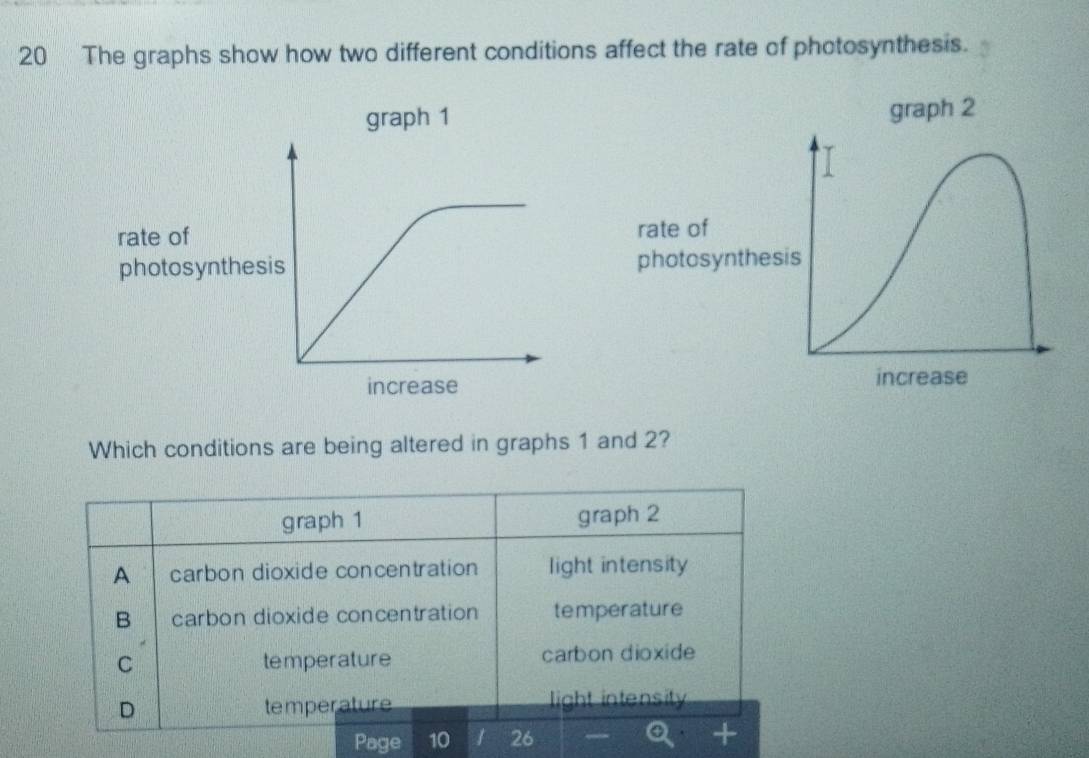 The graphs show how two different conditions affect the rate of photosynthesis.
graph 1
rate of 
photosynthesis 
increase
Which conditions are being altered in graphs 1 and 2?
graph 1 graph 2
A carbon dioxide concentration light intensity
B carbon dioxide concentration temperature
C temperature carbon dioxide
D temperature
light intensty 
Page 10 26 I
+