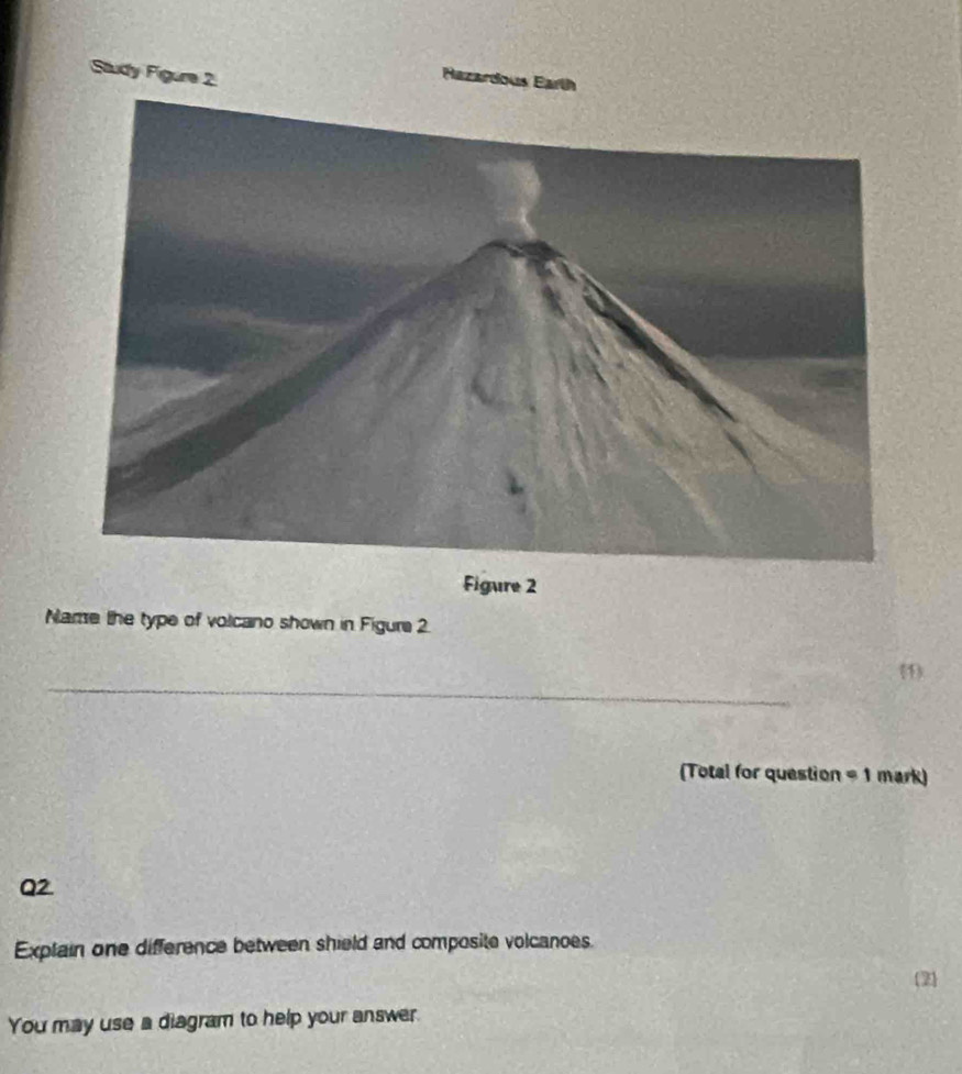 Study Figure 2 
Hazardous Earth 
Name the type of volcano shown in Figure 2 
_ 
(1). 
(Total for question =1 mark) 
Q2. 
Explain one difference between shield and composite volcanoes. 
2 
You may use a diagram to help your answer.