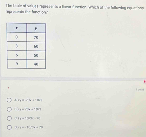 The table of values represents a linear function. Which of the following equations
represents the function?
*
1 point
A.) y=-70x+10/3
B.) y=70x+10/3
C.) y=10/3x-70
D.) y=-10/3x+70