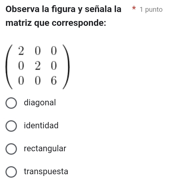 Observa la figura y señala la * 1 punto
matriz que corresponde:
diagonal
identidad
rectangular
transpuesta