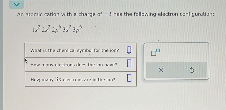 An atomic cation with a charge of +3 has the following electron configuration:
1s^22s^22p^63s^23p^6
□^(□)
×