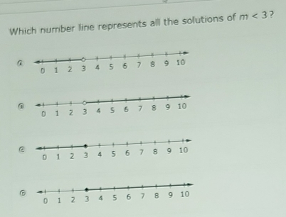 Which number line represents all the solutions of m<3</tex> 2
B
C