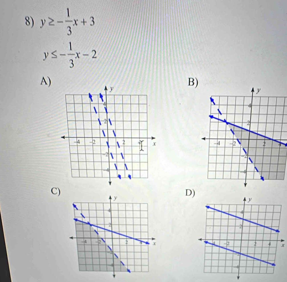 y≥ - 1/3 x+3
y≤ - 1/3 x-2
A)
B)
 
C)
D)
x