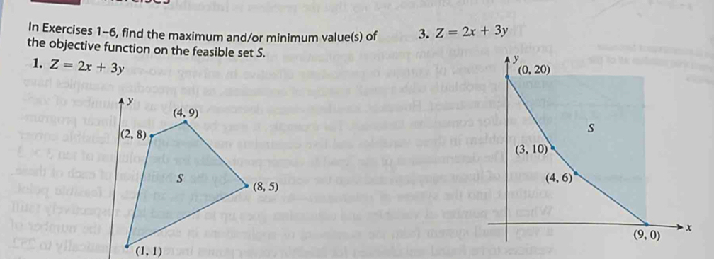 In Exercises 1-6, find the maximum and/or minimum value(s) of 3. Z=2x+3y
the objective function on the feasible set S.
1. Z=2x+3y