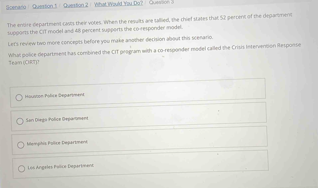 Scenario / Question 1 / Question 2 / What Would You Do? / Question 3
The entire department casts their votes. When the results are tallied, the chief states that 52 percent of the department
supports the CIT model and 48 percent supports the co-responder model.
Let's review two more concepts before you make another decision about this scenario.
What police department has combined the CIT program with a co-responder model called the Crisis Intervention Response
Team (CIRT)?
Houston Police Department
San Diego Police Department
Memphis Police Department
Los Angeles Police Department