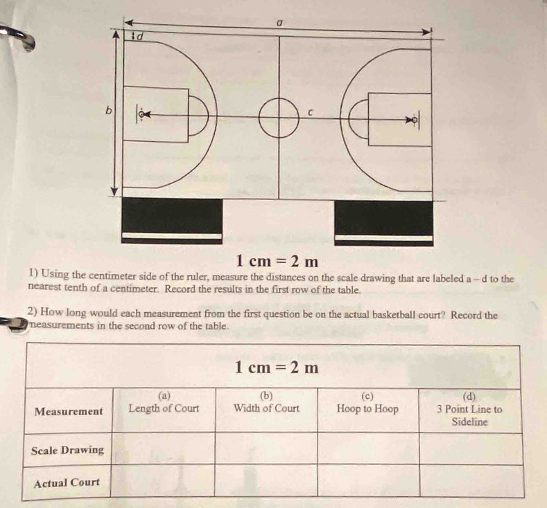 Using the centimeter side of the ruler, measure the distances on the scale drawing that are labeled a - d to the
nearest tenth of a centimeter. Record the results in the first row of the table.
2) How long would each measurement from the first question be on the actual basketball court? Record the
neasurements in the second row of the table.