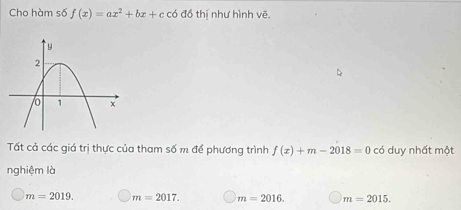 Cho hàm số f(x)=ax^2+bx+c có đồ thị như hình vẽ.
Tất cả các giá trị thực của tham số m để phương trình f(x)+m-2018=0 có duy nhất một
nghiệm là
m=2019.
m=2017.
m=2016.
m=2015.