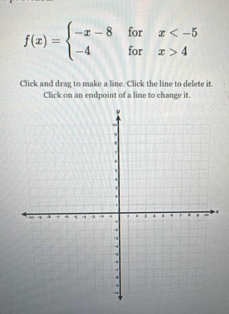 f(x)=beginarrayl -x-8forx 4endarray.
Click and drag to make a line. Click the line to delete it. 
Click on an endpoint of a line to change it.