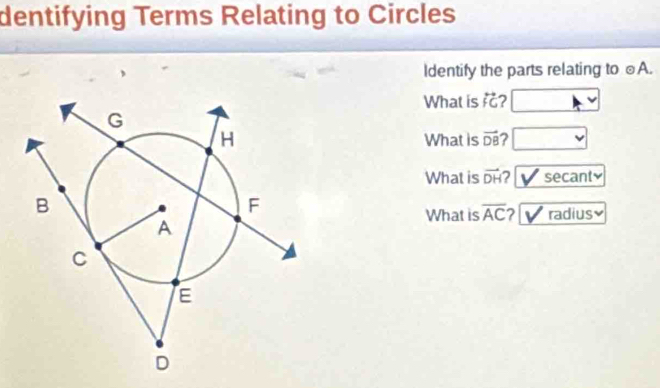 dentifying Terms Relating to Circles 
Identify the parts relating to ⊙A. 
What is overleftrightarrow FG 2 
What is vector DB 2 
What is vector DH V secanty 
What is overline AC ?√ radius