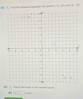 Find the distance between the points (-3,10) and (6,-8).
*
11 Round decimals to the nearest tenth.
-3 unit