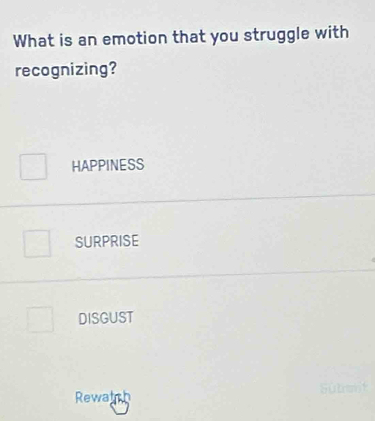 What is an emotion that you struggle with
recognizing?
HAPPINESS
SURPRISE
DISGUST
Rewaich