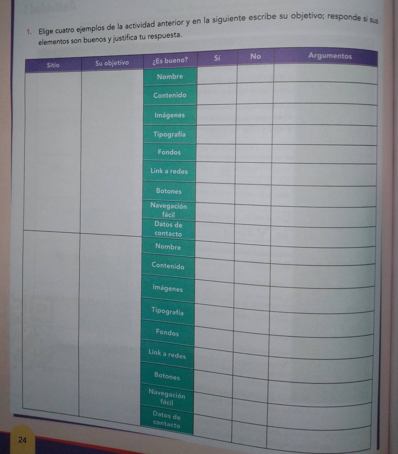 Elige cuatro ejemplos de la actividad anterior y en la siguiente escribe su objetivo; responde si sus
24