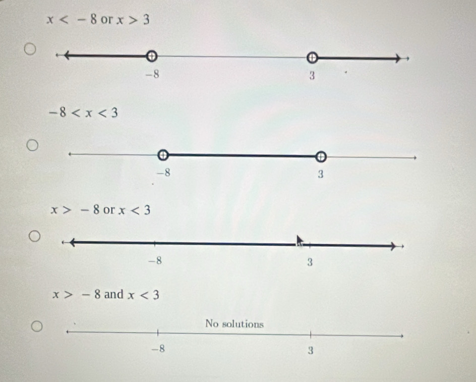 x or x>3
-8
x>-8 or x<3</tex>
x>-8 and x<3</tex>