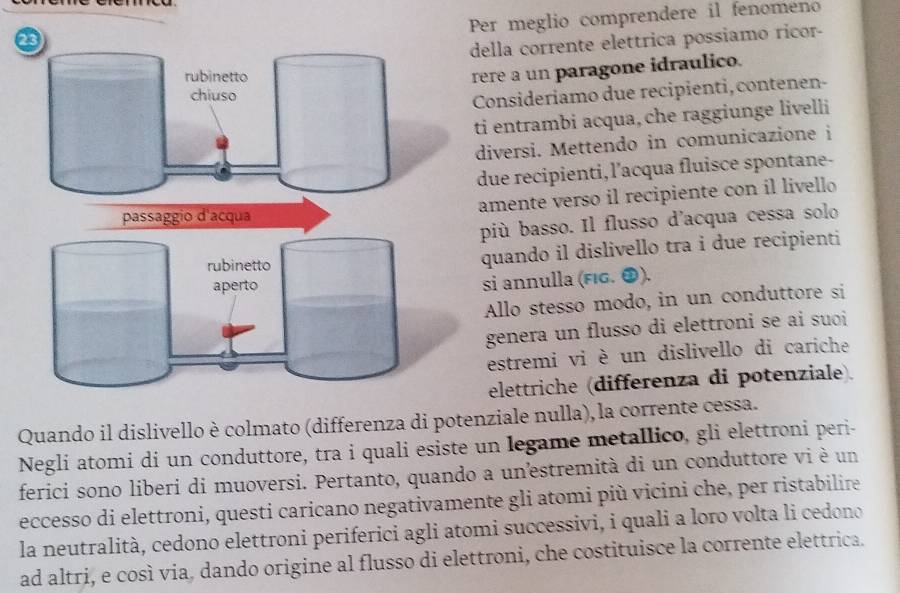 Per meglio comprendere il fenomeno 
ella corrente elettrica possiamo ricor- 
ere a un paragone idraulico. 
onsideriamo due recipienti,contenen- 
i entrambi acqua, che raggiunge livelli 
diversi. Mettendo in comunicazione i 
due recipienti, l’acqua fluisce spontane- 
amente verso il recipiente con il livello 
più basso. Il flusso d'acqua cessa solo 
quando il dislivello tra i due recipienti 
si annulla (FIG. ①). 
Allo stesso modo, in un conduttore si 
genera un flusso di elettroni se ai suoi 
estremi vi è un dislivello di cariche 
elettriche (differenza di potenziale). 
Quando il dislivello è colmato (differenza di potenziale nulla), la corrente cessa. 
Negli atomi di un conduttore, tra i quali esiste un legame metallico, gli elettroni peri- 
ferici sono liberi di muoversi. Pertanto, quando a unestremità di un conduttore vi è un 
eccesso di elettroni, questi caricano negativamente gli atomi più vicini che, per ristabilire 
la neutralità, cedono elettroni periferici agli atomi successivi, i quali a loro volta li cedono 
ad altri, e così via, dando origine al flusso di elettroni, che costituisce la corrente elettrica.