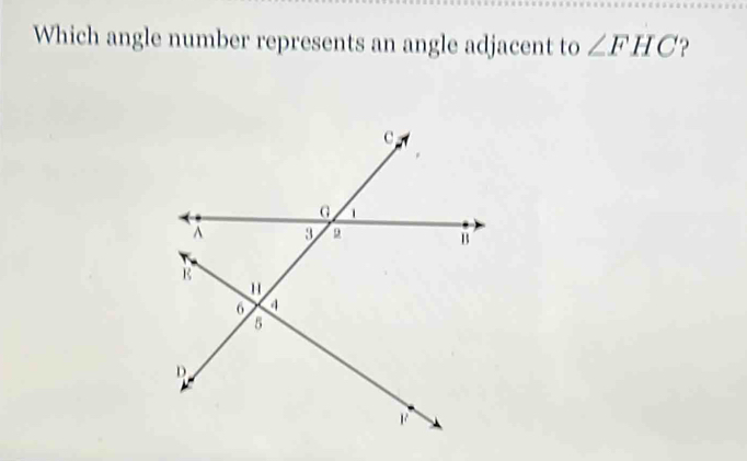 Which angle number represents an angle adjacent to ∠ FHC ?