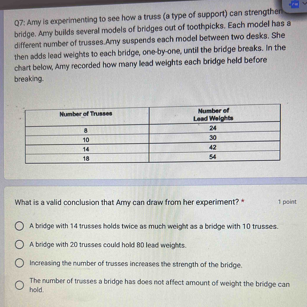 rw
Q7: Amy is experimenting to see how a truss (a type of support) can strengthen
bridge. Amy builds several models of bridges out of toothpicks. Each model has a
different number of trusses.Amy suspends each model between two desks. She
then adds lead weights to each bridge, one-by-one, until the bridge breaks. In the
chart below, Amy recorded how many lead weights each bridge held before
breaking.
What is a valid conclusion that Amy can draw from her experiment? * 1 point
A bridge with 14 trusses holds twice as much weight as a bridge with 10 trusses.
A bridge with 20 trusses could hold 80 lead weights.
Increasing the number of trusses increases the strength of the bridge.
The number of trusses a bridge has does not affect amount of weight the bridge can
hold.