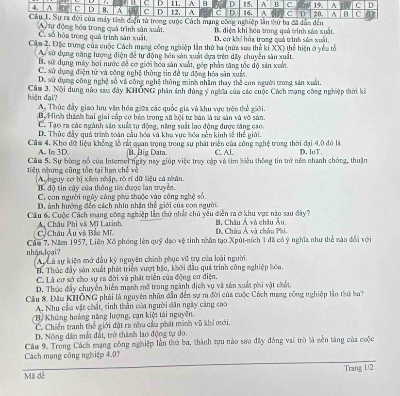 Ay tự động hóa trong quá trình sản xuất. B. điện khí hóa trong quá trình sản xuất.
C. số hóa trong quá trình sản xuất. D. cơ khí hóa trong quá trình sản xuất.
Câu 2. Đặc trưng của cuộc Cách mạng công nghiệp lần thứ ba (nửa sau thế kỉ XX) thể hiện ở yếu tố
A sử dụng năng lượng điện để tự động hóa sản xuất dựa trên dây chuyền sản xuất.
B. sử dụng máy hơi nước đề cơ giới hóa sản xuất, góp phần tăng tốc độ sản xuất.
C. sử dụng điện tử và công nghệ thông tin đề tự động hóa sản xuất.
D. sử dụng công nghệ số và công nghệ thông minh nhằm thay thế con người trong sản xuất.
Câu 3. Nội dung nào sau đây KHÔNG phản ảnh đúng ý nghĩa của các cuộc Cách mạng công nghiệp thời kì
hiện đại?
A. Thúc đầy giao lưu văn hóa giữa các quốc gia và khu vực trên thể giới.
B, Hình thành hai giai cấp cơ bản trong xã hội tư bản là tư sản và vô sản.
C. Tạo ra các ngành sản xuất tự động, năng suất lao động được tăng cao.
D. Thúc đầy quá trình toàn cầu hóa và khu vực hóa nền kinh tế thế giới.
Câu 4. Kho dữ liệu khổng lồ rất quan trọng trong sự phát triển của công nghệ trong thời đại 4.0 đó là
A. In 3D. B. Big Data. C. AI. D. IoT.
Câu 5. Sự bùng nổ của Internet ngày nay giúp việc truy cập và tìm hiểu thông tin trở nên nhanh chóng, thuận
tiện nhưng cũng tồn tại hạn chế về
A. nguy cơ bị xâm nhập, rò rỉ dữ liệu cá nhân.
B. độ tỉn cậy của thông tin được lan truyền.
C. con người ngày cảng phụ thuộc vào công nghệ số,
D. ảnh hưởng đến cách nhìn nhận thế giới của con người.
Câu 6. Cuộc Cách mạng công nghiệp lần thứ nhất chủ yếu diễn ra ở khu vực nào sau đây?
A. Châu Phi và Mĩ Latinh. B. Châu Á và châu Âu.
C, Châu Âu và Bắc Mĩ. D. Châu Á và châu Phi.
Câu 7. Năm 1957, Liên Xô phóng lên quỹ dạo vệ tinh nhân tạo Xpút-ních 1 đã có ý nghĩa như thế nào đối với
nhân loại?
Ay Là sự kiện mở đầu kỹ nguyên chinh phục vũ trụ của loài người.
B. Thúc đầy sản xuất phát triển vượt bậc, khởi đầu quá trình công nghiệp hóa.
C. Là cơ sở cho sự ra đời và phát triển của động cơ điện.
D. Thúc đầy chuyền biến mạnh mẽ trong ngành dịch vụ và sản xuất phi vật chất.
Câu 8. Đâu KHÔNG phải là nguyên nhân dẫn đến sự ra đời của cuộc Cách mạng công nghiệp lần thứ ba?
A. Nhu cầu vật chất, tinh thần của người dân ngày cảng cao
B Khủng hoảng năng lượng, cạn kiệt tải nguyên.
C. Chiến tranh thế giới đặt ra nhu cầu phát minh vũ khí mới.
D. Nông dân mất đất, trở thành lao động tự do.
Câu 9. Trong Cách mạng công nghiệp lần thứ ba, thành tựu nào sau đây đóng vai trò là nền tảng của cuộc
Cách mạng công nghiệp 4.0?
Mã đè Trang 1/2