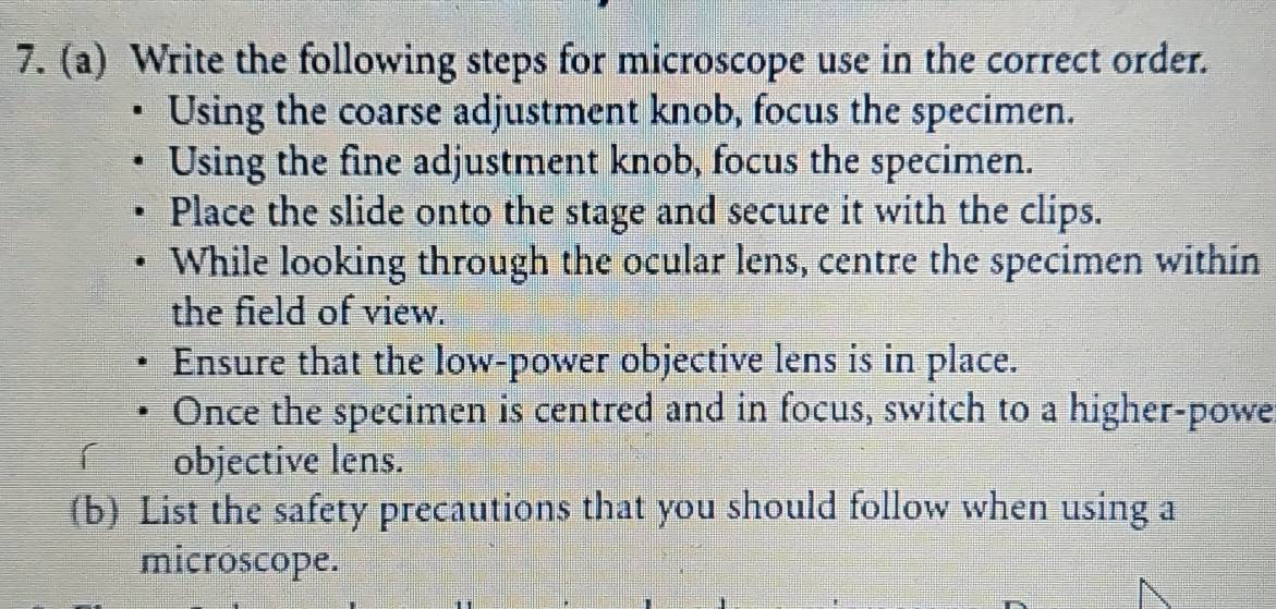 Solved: Write the following steps for microscope use in the correct ...