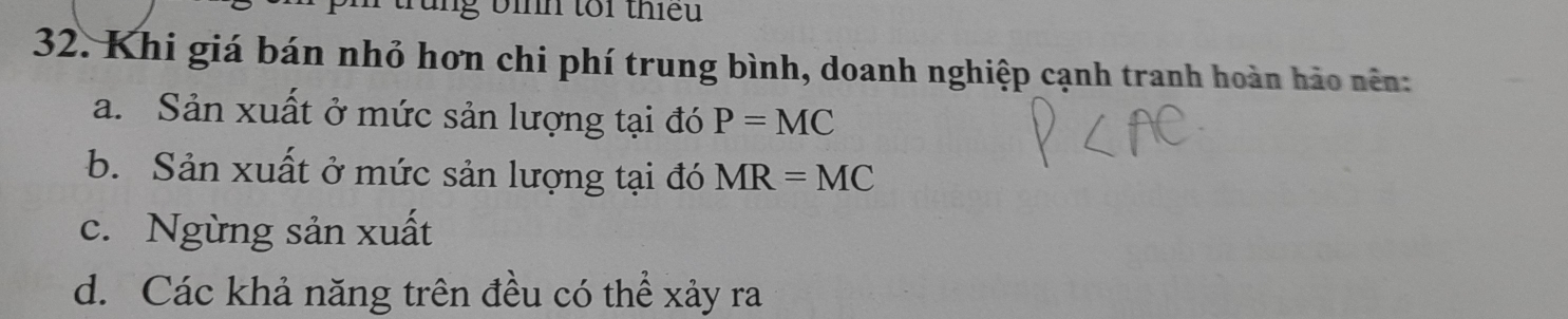 tổi thiêu
32. Khi giá bán nhỏ hơn chi phí trung bình, doanh nghiệp cạnh tranh hoàn hảo nên:
a. Sản xuất ở mức sản lượng tại đó P=MC
b. Sản xuất ở mức sản lượng tại đó MR=MC
c. Ngừng sản xuất
d. Các khả năng trên đều có thể xảy ra