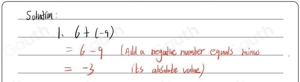 Solution : 
1. 6+(-9)
=6-9 (Add a regative number equals minus
=-3 its absolate value)