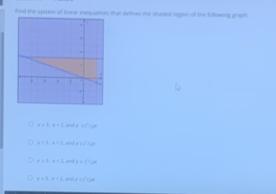 Find the system of linear inequalities that defines the shaded region of the following graph
x=1, x=2 , and v=t^2/_0)x
x=3, x>2 , and y≥slant (1/2)x
y≤ 3, x<2</tex> , and y≥slant f'(x)
x≤ 3, x>2 , and x'∈ (^2/_3)x