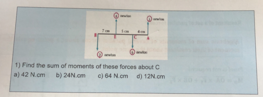 Find the sum of moments of these forces about C
a) 42 N.cm b) 24N.cm c) 64 N.cm d) 12N.cm