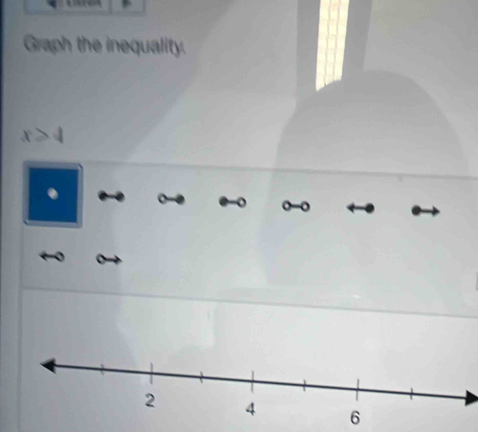 Graph the inequality.
x≥slant 4. 
o 0 -0