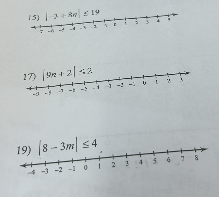 |-3+8n|≤ 19
19) |8-3m|≤ 4