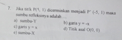 Jika titik P(1,1) dicerminkan menjadi P'(-5,1) maka
sumbu refleksinya adalah ....
a) sumbu- Y b) garis y=-x
c) garis y=x d) Titik asal O(0,0)
e) sumi> u-X