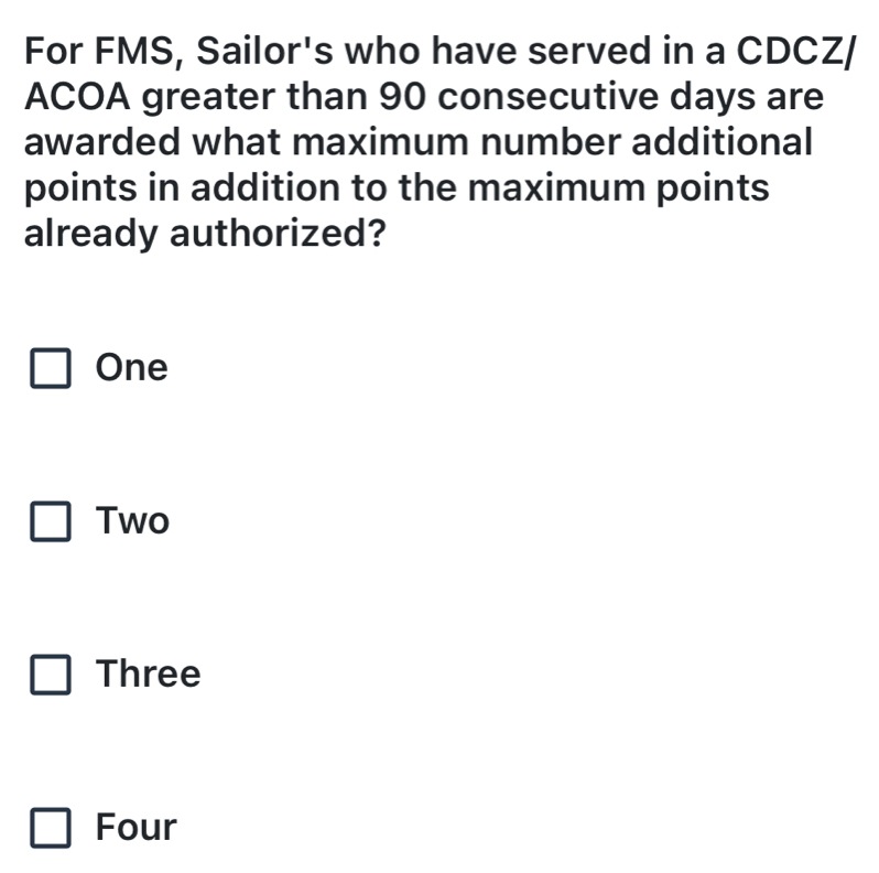 Solved: For FMS, Sailor's who have served in a CDCZ/ ACOA greater than ...