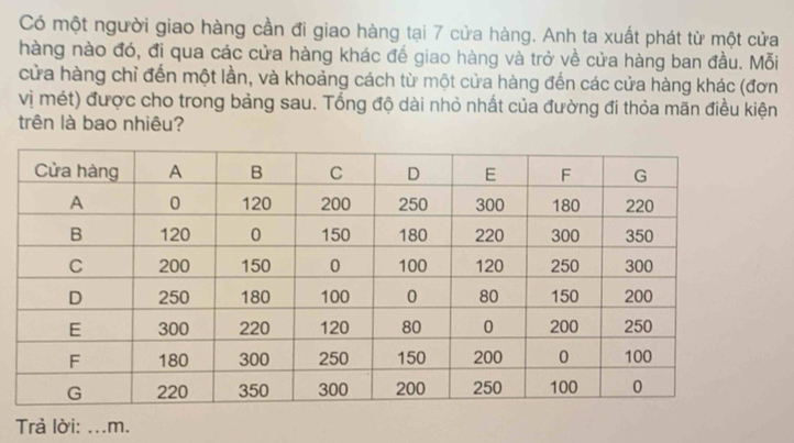 Có một người giao hàng cần đi giao hàng tại 7 cửa hàng. Anh ta xuất phát từ một cửa 
hàng nào đó, đi qua các cửa hàng khác đế giao hàng và trở về cửa hàng ban đầu. Mỗi 
cửa hàng chỉ đến một lần, và khoảng cách từ một cửa hàng đến các cửa hàng khác (đơn 
vị mét) được cho trong bảng sau. Tổng độ dài nhỏ nhất của đường đi thỏa mãn điều kiện 
trên là bao nhiêu? 
Trả lời: _ .m.