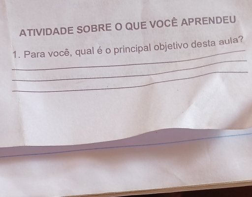 ATIVIDADE SOBRE O QUE VOCÊ APRENDEU 
_ 
_ 
1. Para você, qual é o principal objetivo desta aula? 
_