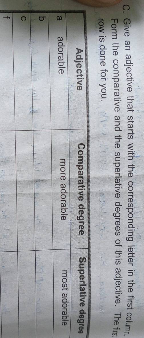 Give an adjective that starts with the corresponding letter in the first column. 
Form the comparative and the superlative degrees of this adjective. The first 
row is done for you.