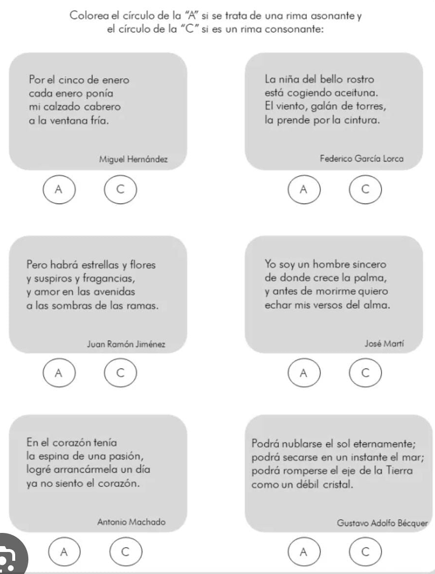 Colorea el círculo de la ''A' si se trata de una rima asonante y 
el círculo de la “C” si es un rima consonante: 
Por el cinco de enero La niña del bello rostro 
cada enero ponía está cogiendo aceituna. 
mi calzado cabrero El viento, galán de torres, 
a la ventana fría. la prende por la cintura. 
Miguel Hernández Federico García Lorca 
A 
C 
A 
Pero habrá estrellas y flores Yo soy un hombre sincero 
y suspiros y fragancias, de donde crece la palma, 
y amor en las aven idas . y antes de morirme quiero 
a las sombras de las ramas. echar mis versos del alma. 
Juan Ramón Jiménez José Martí 
A 
C 
A 
C 
En el corazón tenía Podrá nublarse el sol eternamente; 
la espina de una pasión, podrá secarse en un instante el mar; 
logré arrancármela un día podrá romperse el eje de la Tierra 
ya no siento el corazón. como un débil cristal. 
Antonio Machado Gustavo Adolfo Bécquer 
A C 
A 
C