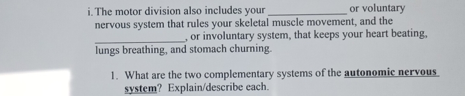 The motor division also includes your _or voluntary 
nervous system that rules your skeletal muscle movement, and the 
_, or involuntary system, that keeps your heart beating, 
lungs breathing, and stomach churning. 
1. What are the two complementary systems of the autonomic nervous 
system? Explain/describe each.