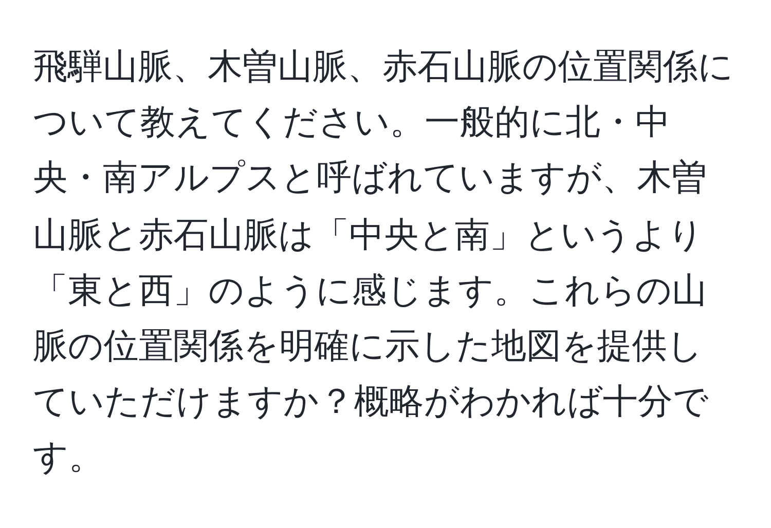 飛騨山脈、木曽山脈、赤石山脈の位置関係について教えてください。一般的に北・中央・南アルプスと呼ばれていますが、木曽山脈と赤石山脈は「中央と南」というより「東と西」のように感じます。これらの山脈の位置関係を明確に示した地図を提供していただけますか？概略がわかれば十分です。