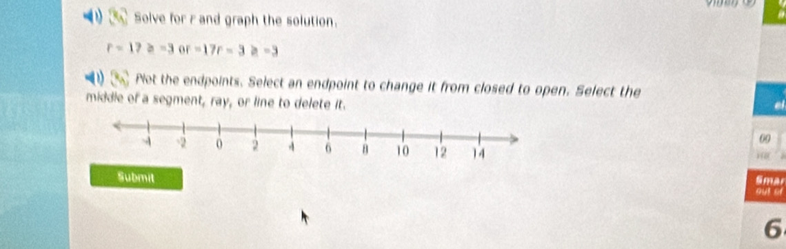 Solve for r and graph the solution.
r=17a=3 or -17r-3≥ -3
(1) 3 Not the endpoints. Select an endpoint to change it from closed to open. Select the 
middle of a segment, ray, or line to delete it. 
09 

Submit Smar 
out of 
6