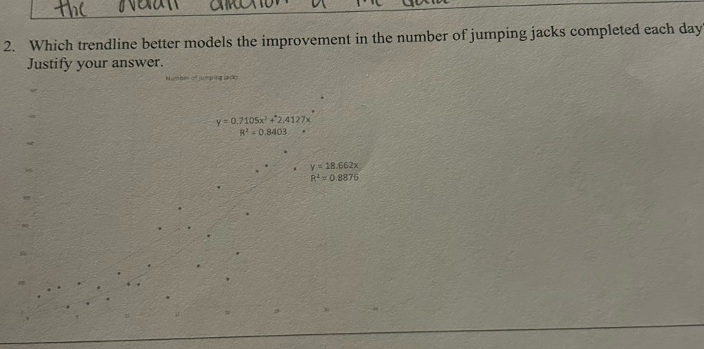 Which trendline better models the improvement in the number of jumping jacks completed each day
Justify your answer. 
Number of jumping jack
y=0.7105x^2+2.4127x
R^2=0.8403
y=18.662x
R^2=0.8876