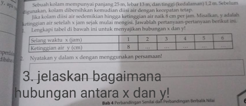 y, apa Sebuah kolam mempunyai panjang 25 m, lebar 13 m, dan tinggi (kedalaman) 1,2 m. Sebelum 
_ 
digunakan, kolam dibersihkan kemudian diisi air dengan kecepatan tetap. 
Jika kolam diisi air sedemikian hingga ketinggian air naik 8 cm per jam. Misalkan, y adalah 
ketinggian air setelah x jam sejak mulai mengisi. Jawablah pertanyaan-pertanyaan berikut ini. 
_1. Lengkapi tabel di bawah ini untuk menyajikan hubungan x dan y! 
perd 
dibahas 2. Nyatakan y dalam x dengan menggunakan persamaan! 
3. jelaskan bagaimana 
hubungan antara x dan y! 
Bab 4 Perbandingan Senilai dan Perbandingan Berbalik Nilai