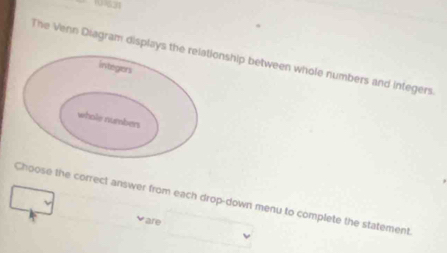 The Venn Diagram displays tonship between whole numbers and integers 
Choose the correct answer from each drop-down menu to complete the statement. 
vare