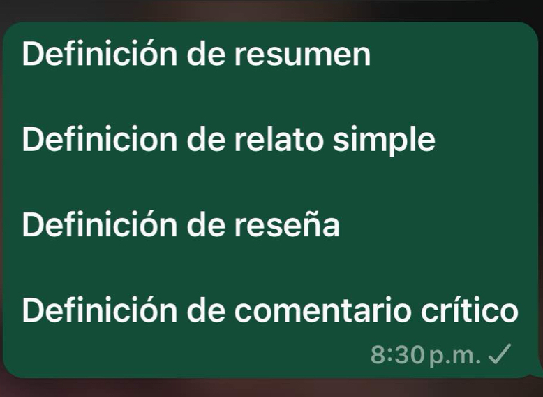 Definición de resumen
Definicion de relato simple
Definición de reseña
Definición de comentario crítico
8:30 p.m.